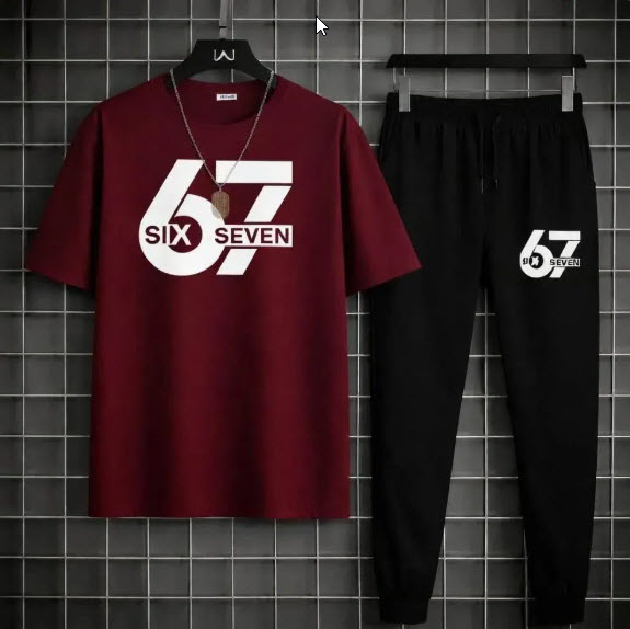 Men's 2-piece track suit, maroon shirt and black trousers, flat lay